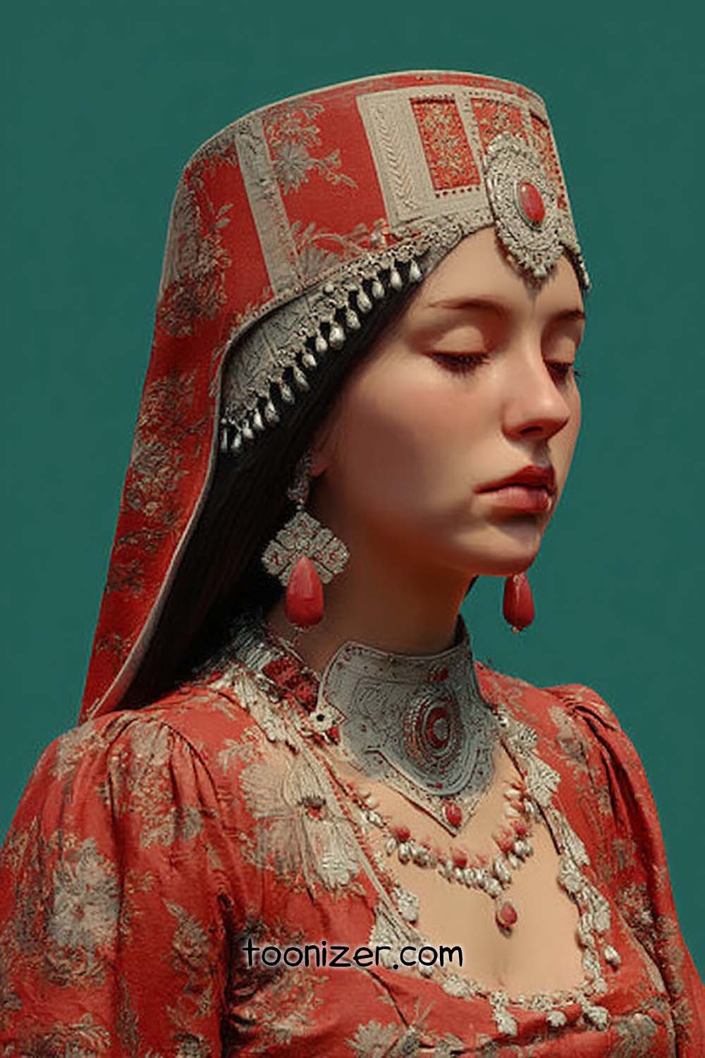 Regal woman in ornate red attire and headdress.