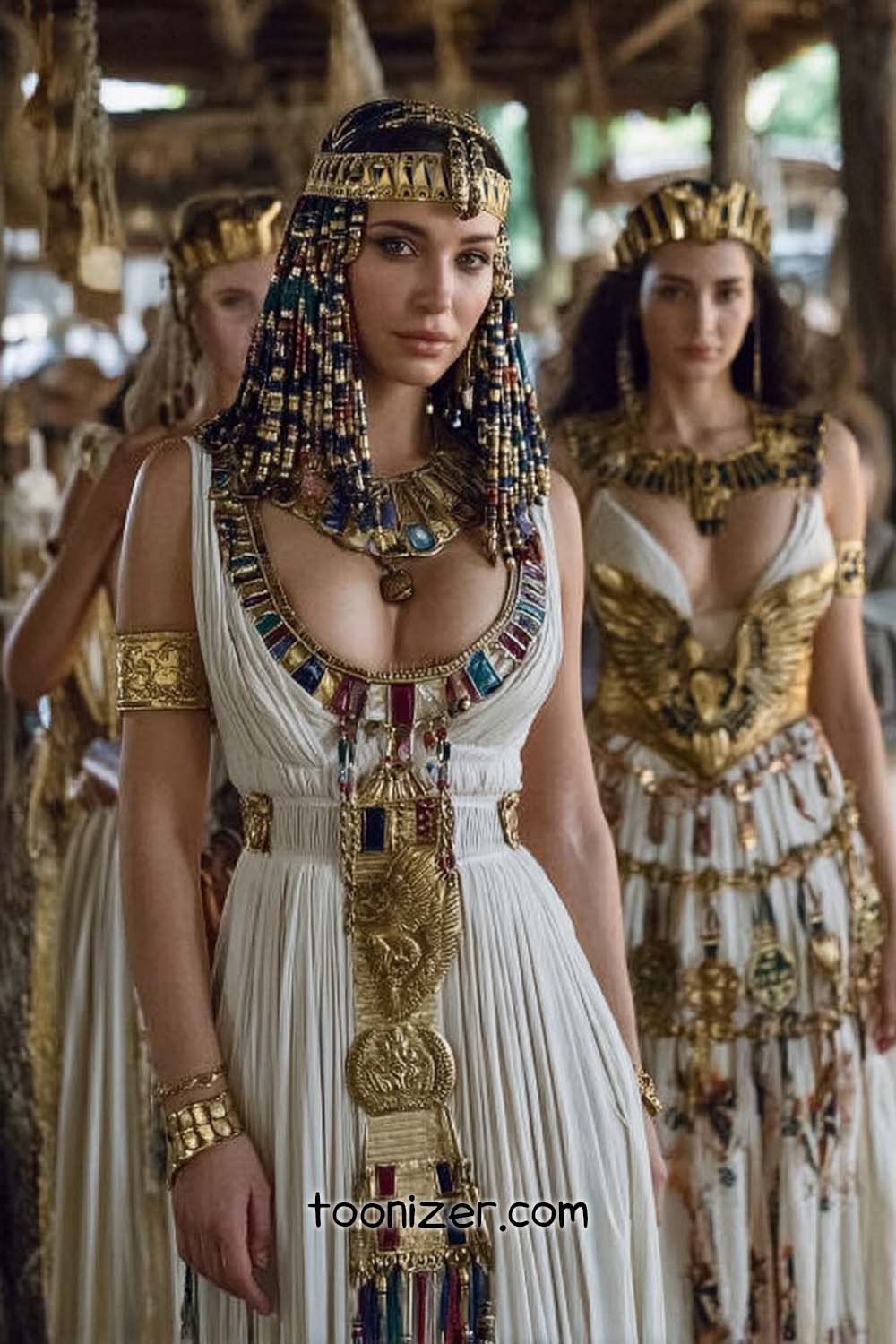 Women in ancient Egyptian attire with gold accessories.
