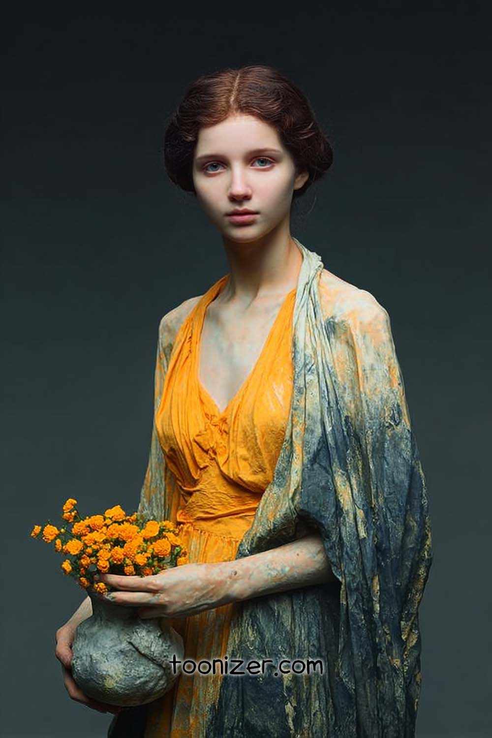 Woman holding flowers in vibrant attire