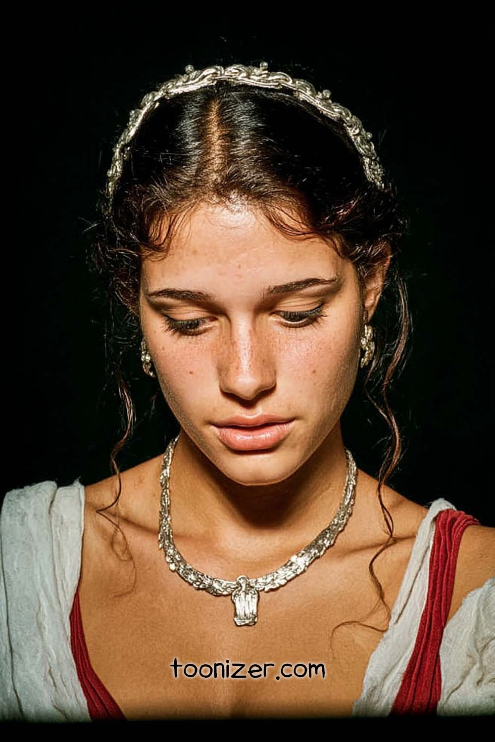 Woman with ornate headband and necklace, looking down.
