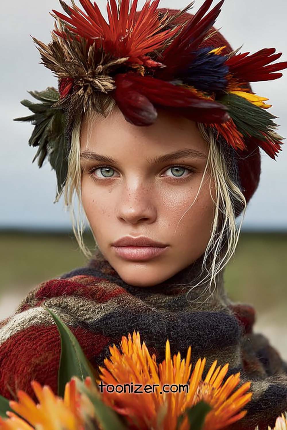Portrait of woman with floral headdress and shawl
