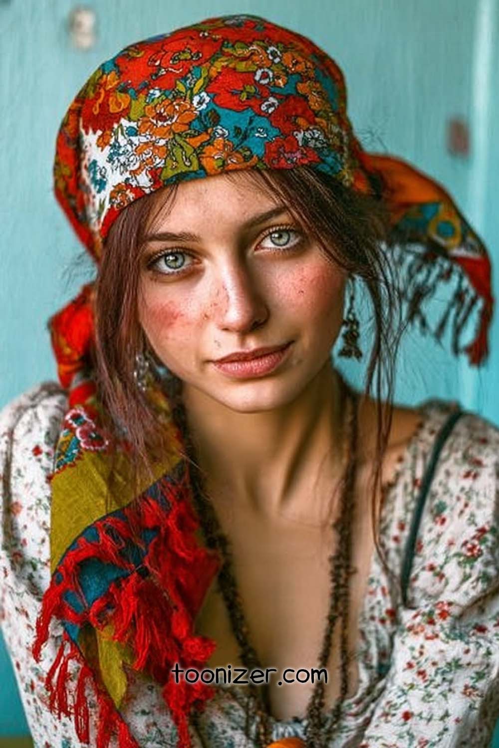 Woman wearing colorful headscarf with floral design.