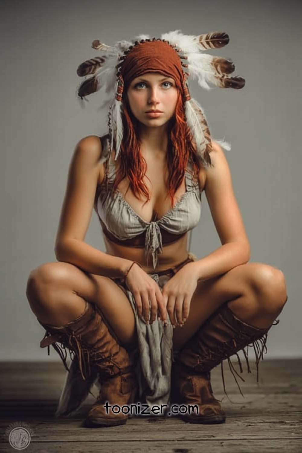 Person wearing feathered headdress and traditional attire