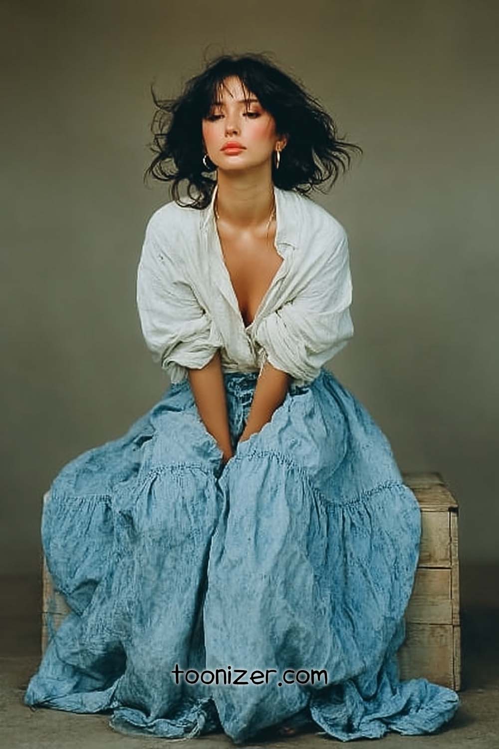 Woman in vintage dress sitting on wooden box