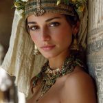 Woman in ancient Egyptian attire with floral crown.