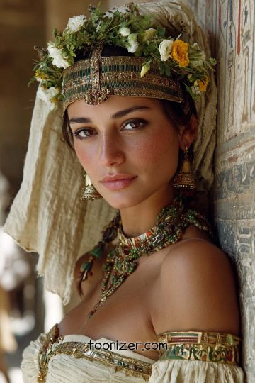 Woman in ancient Egyptian attire with floral crown.