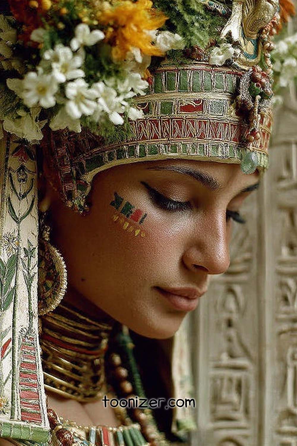 Person in colorful Egyptian-inspired attire with floral headdress.