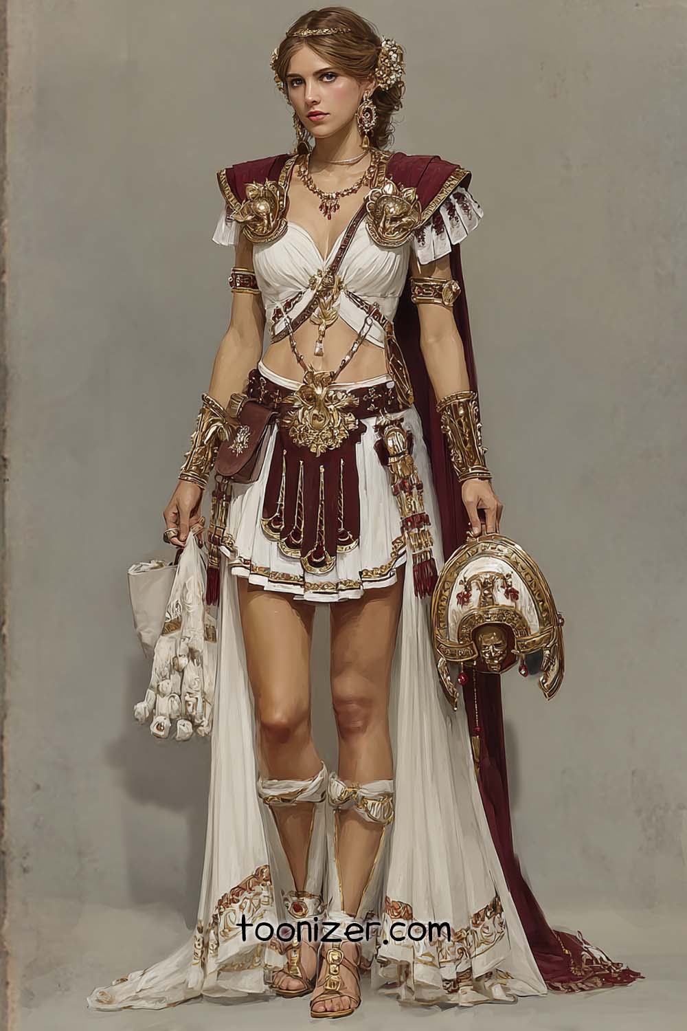 Woman in ancient warrior costume holding helmet