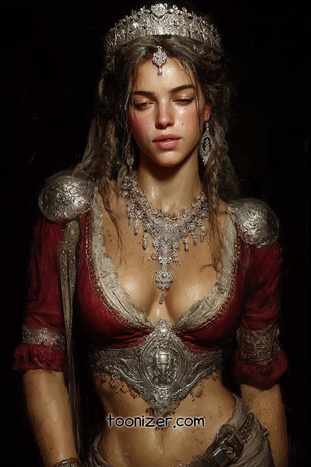 Fantasy warrior woman with crown and armor.