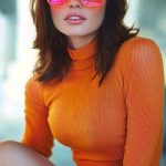 Woman in orange top wearing pink glasses