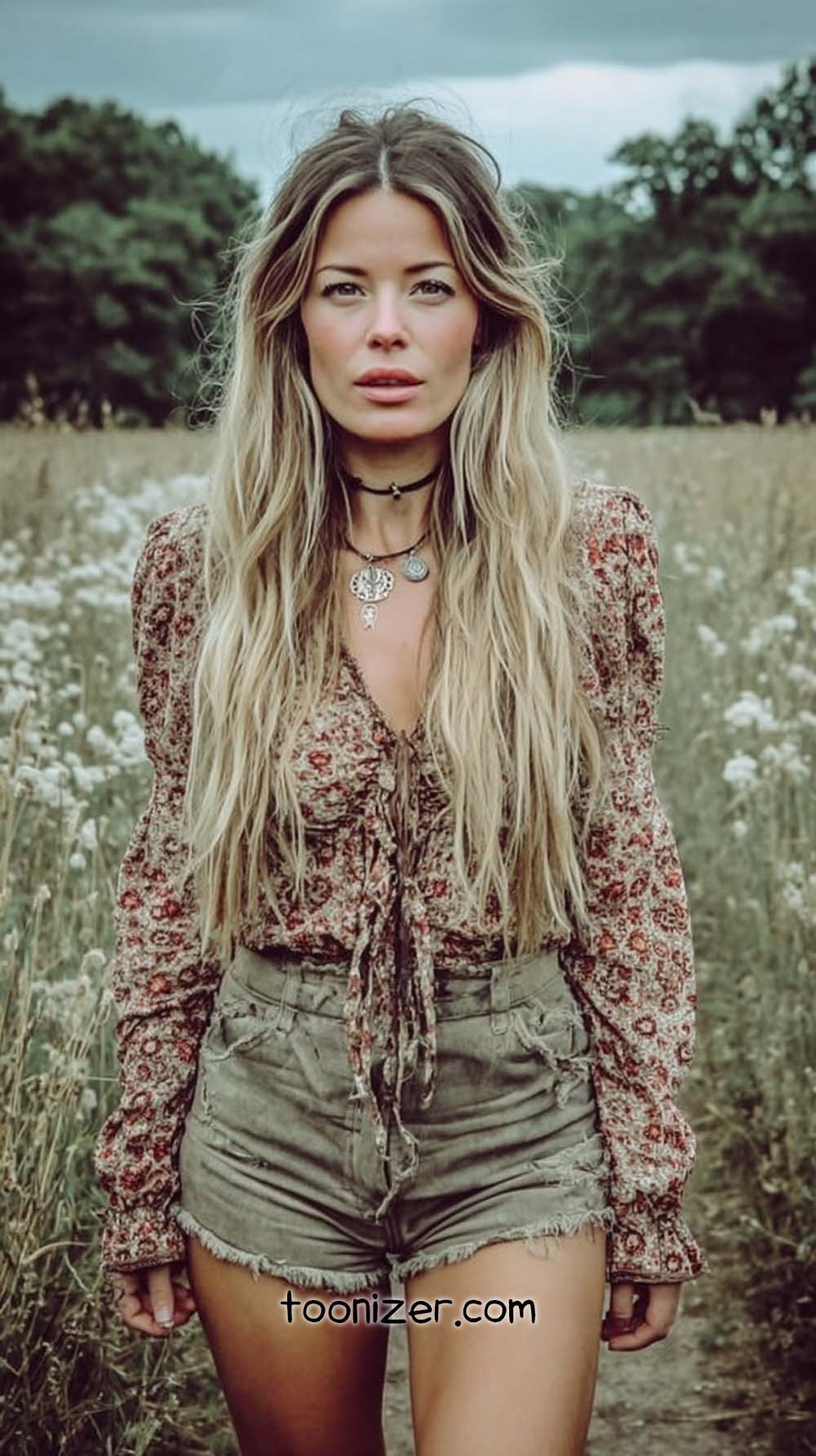 Woman in floral top and shorts in field