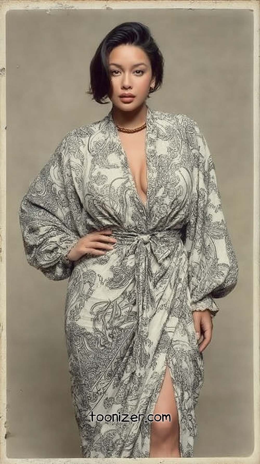 Woman in patterned robe, portrait style