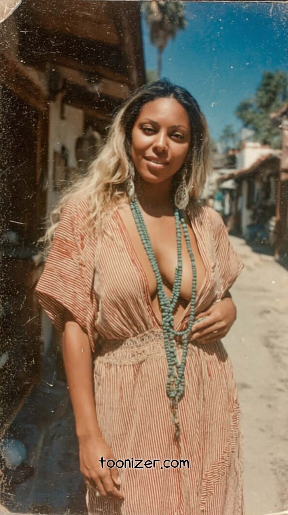 Smiling woman outdoors wearing striped dress and necklace.
