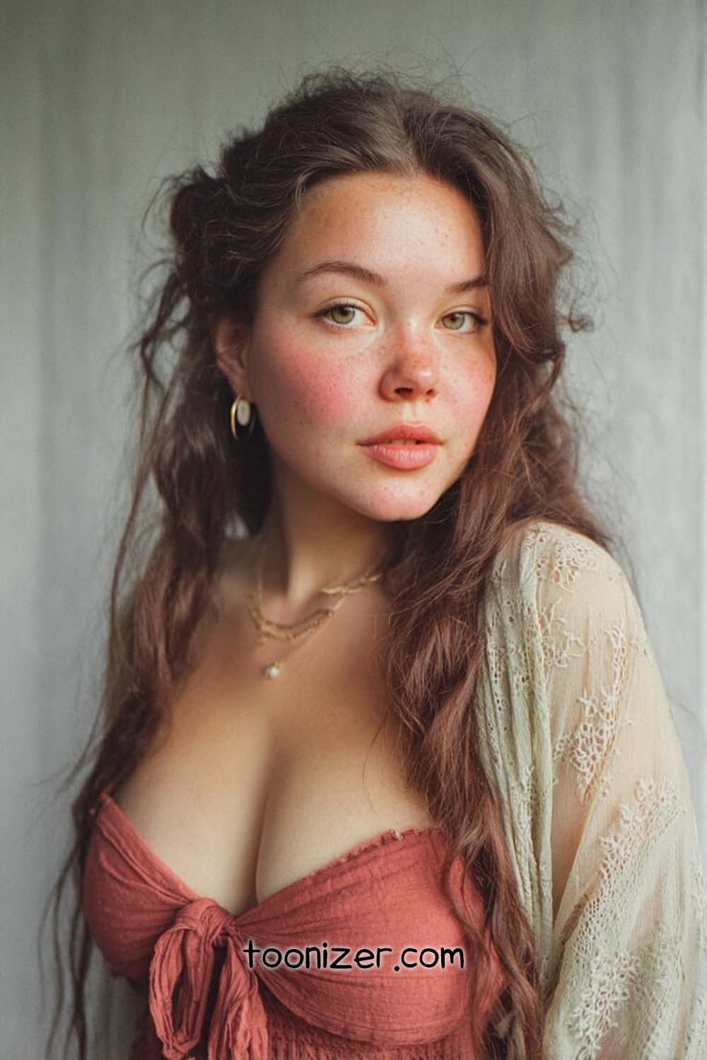 Woman with long hair wearing a lace top.