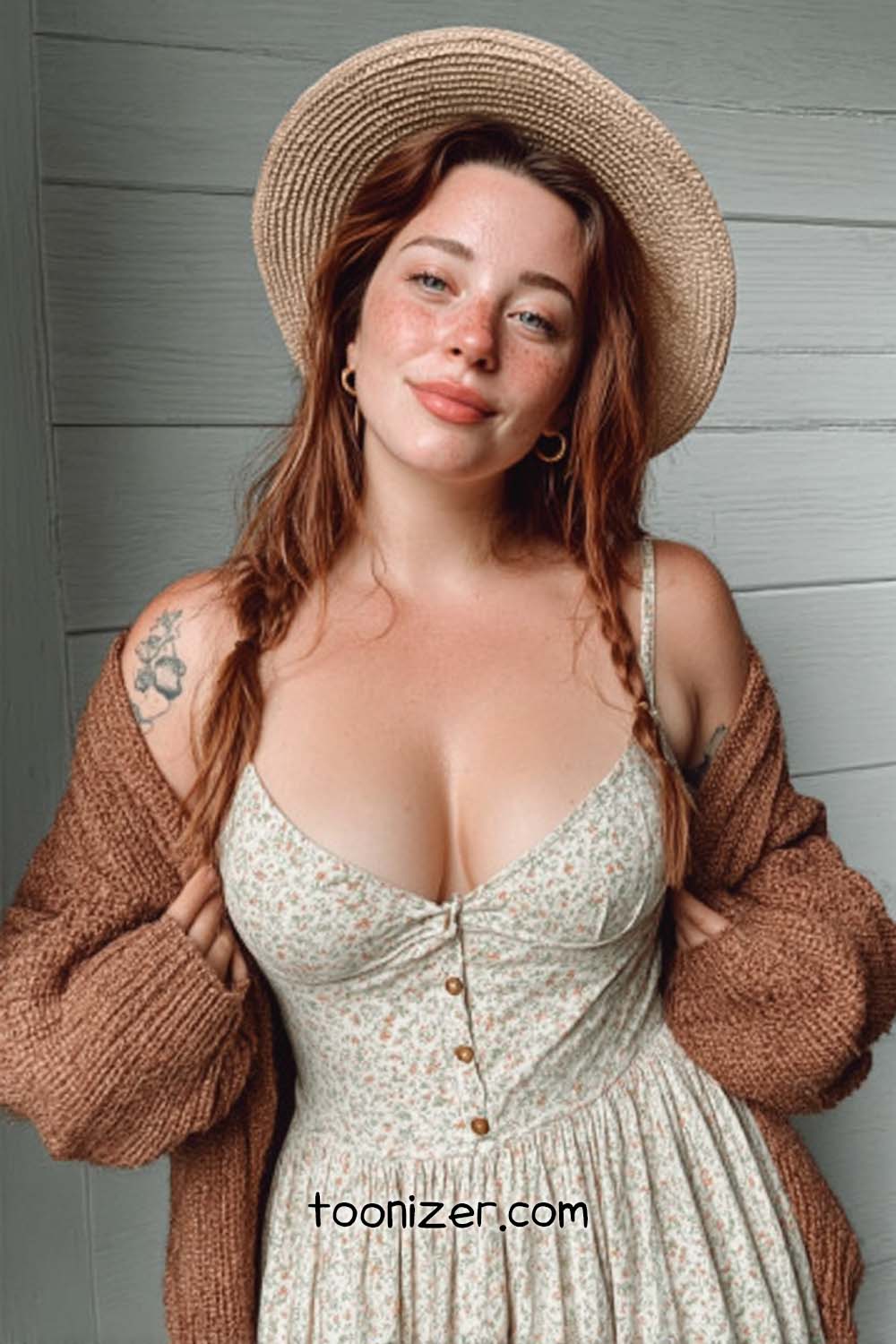 Woman in floral dress and straw hat smiling.