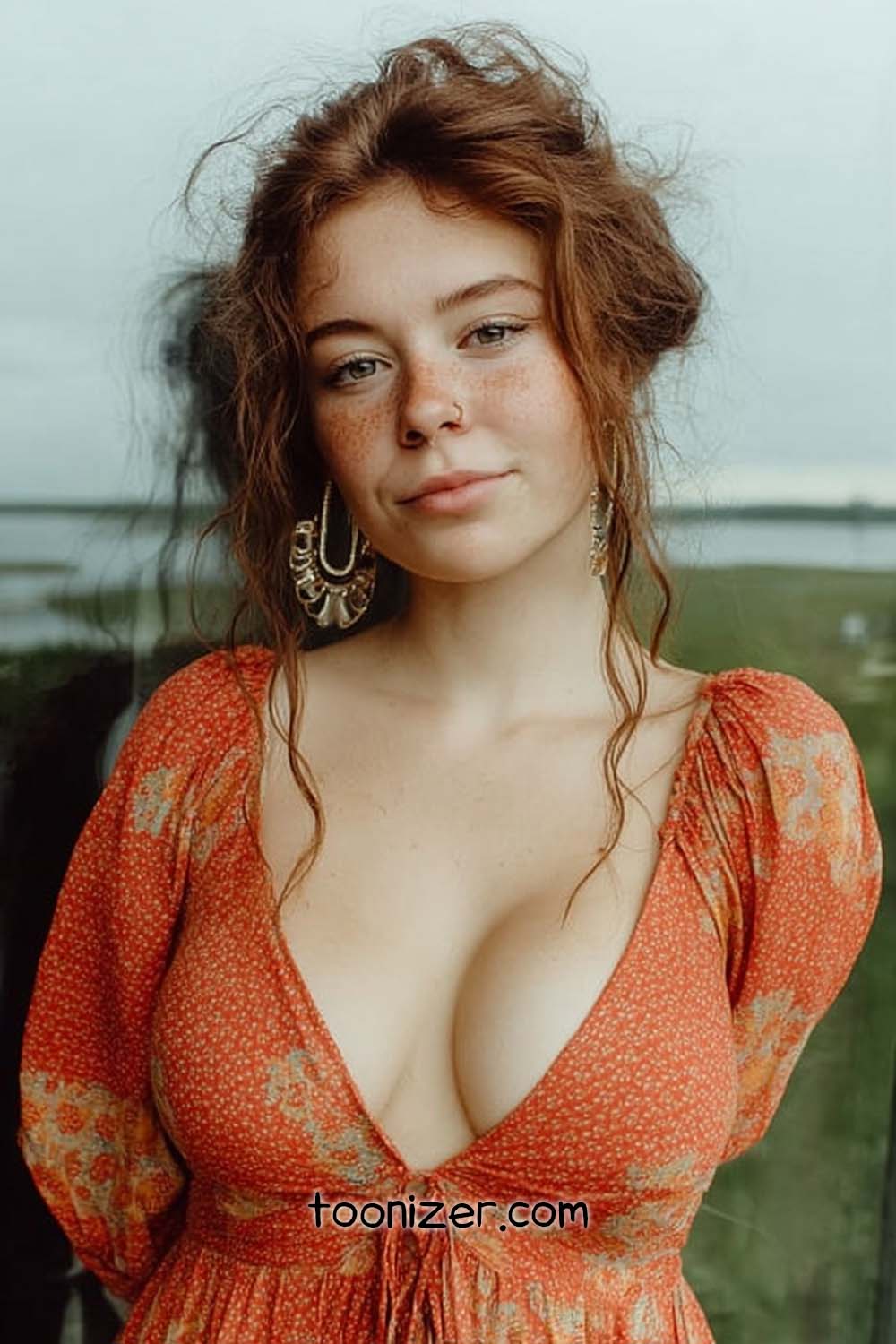 Woman in red floral dress outdoors