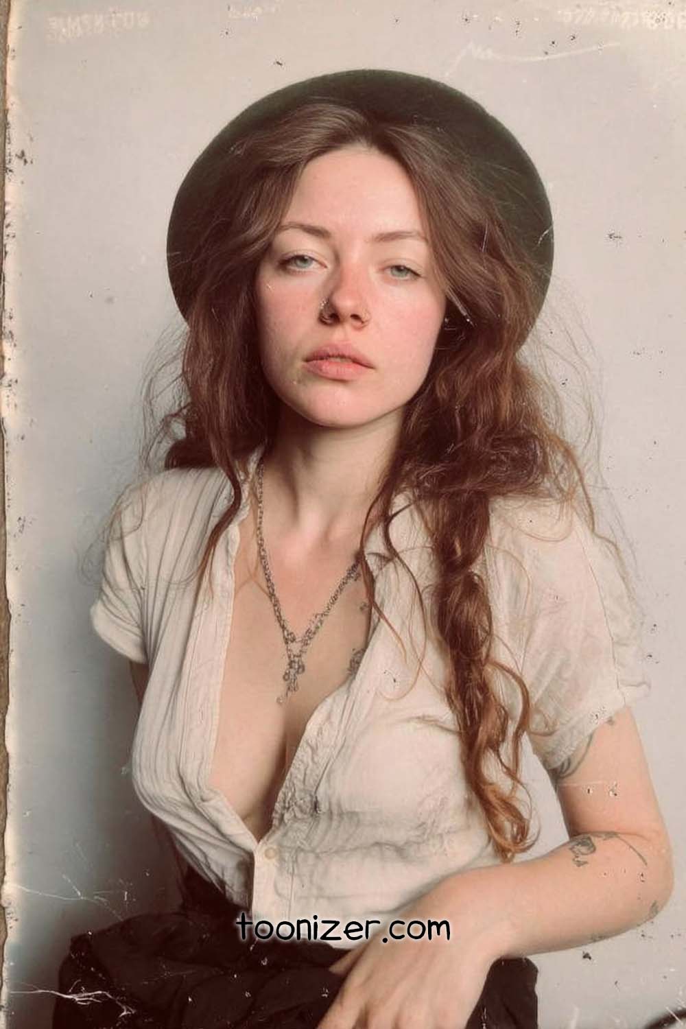 Vintage portrait of woman with hat and necklace.