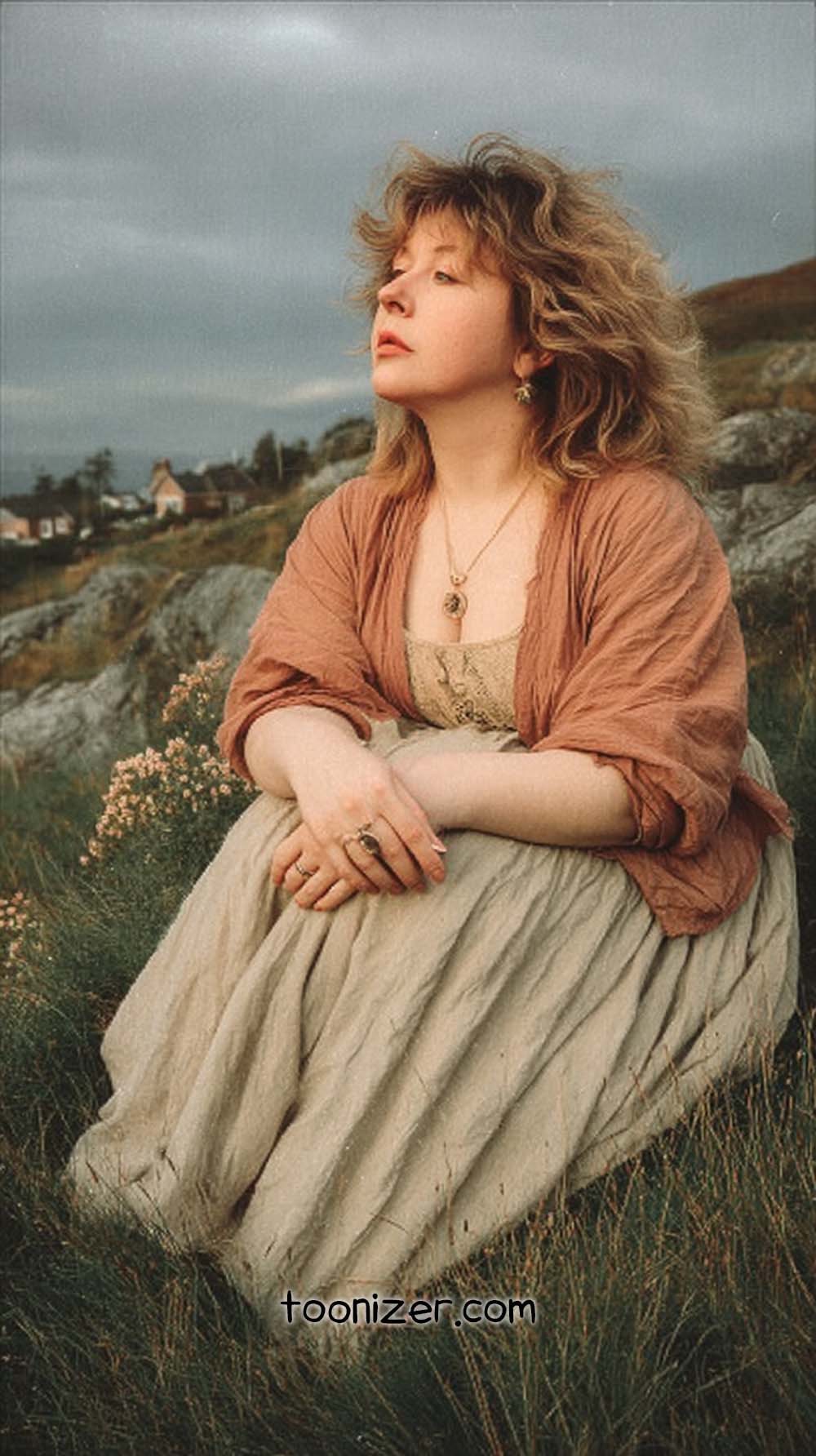 Woman in vintage dress sitting outdoors