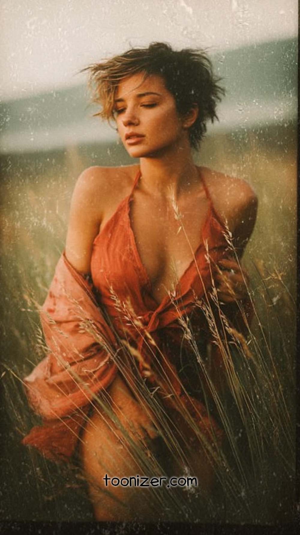 Woman in field wearing red dress