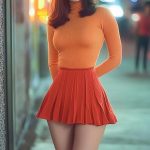 Stylish person in orange outfit near neon lights.