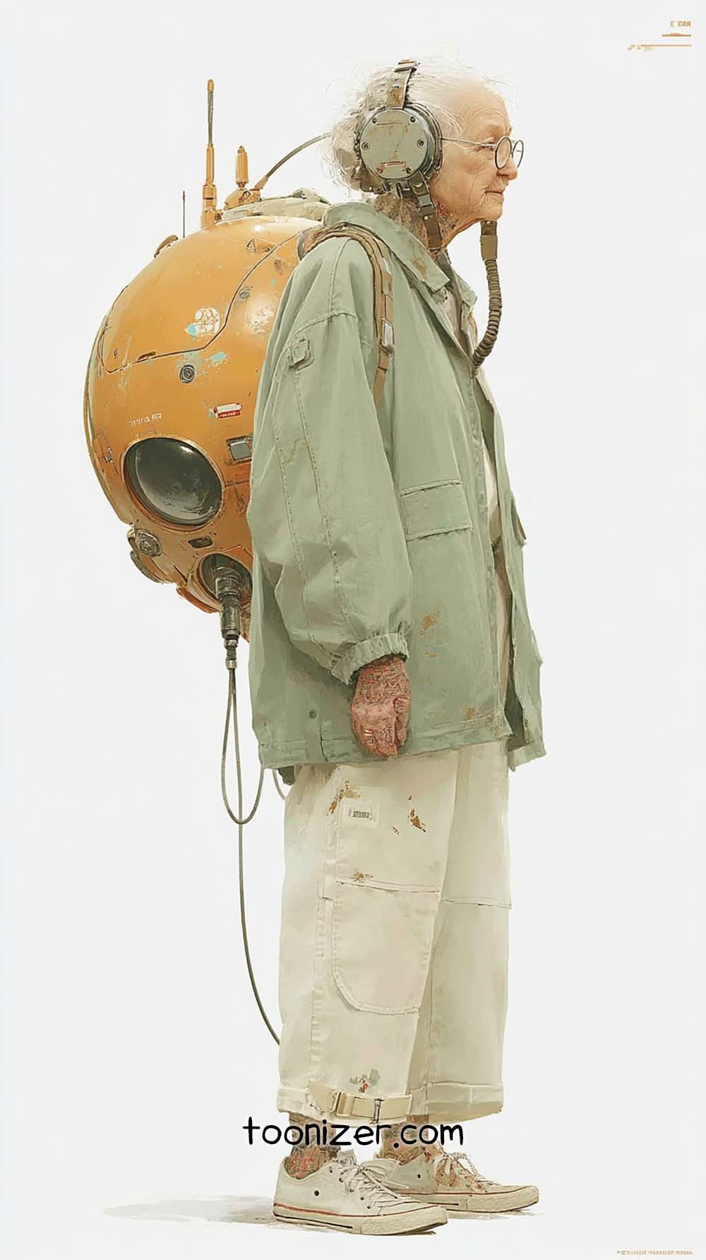 Elderly person with futuristic backpack and headphones.