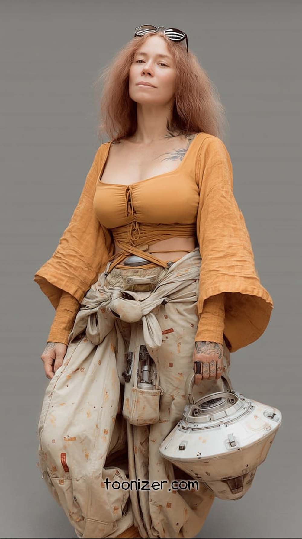 Person in futuristic outfit holding spacecraft helmet.