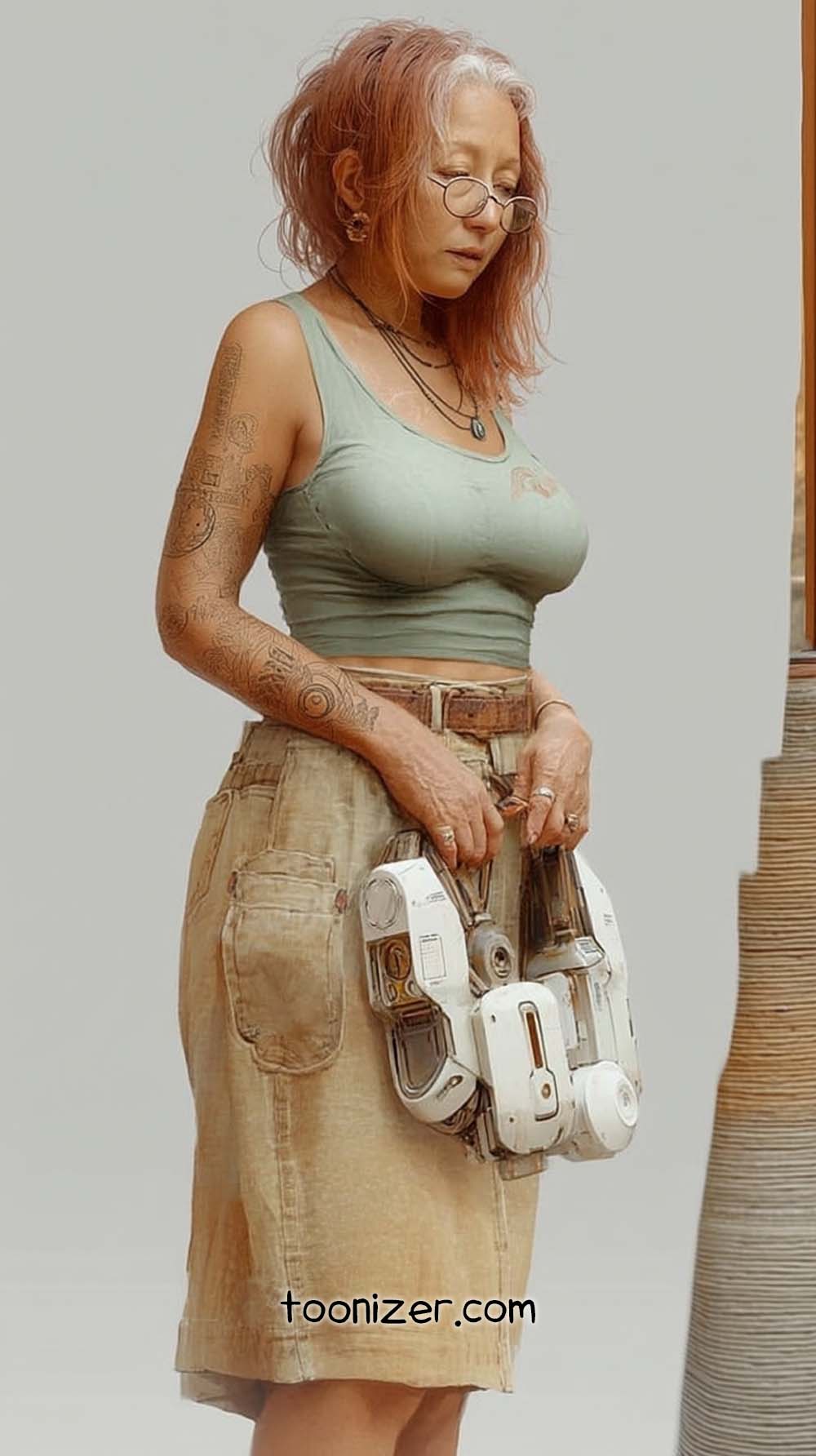 Stylish woman in casual outfit with tattoos.