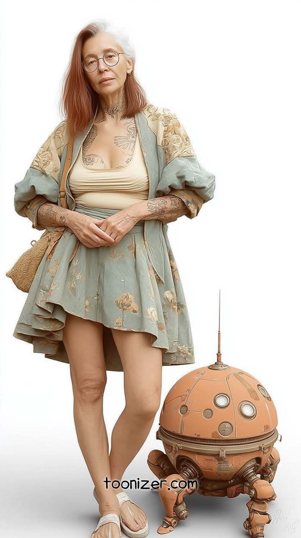 Woman with tattoos stands beside a round robot.