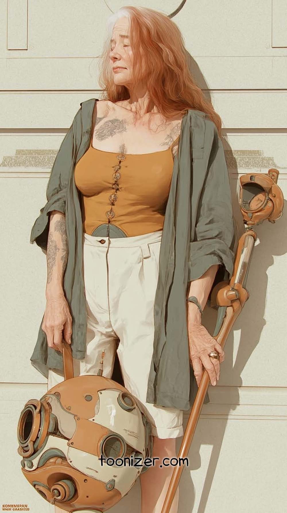 Woman with robot accessories, outdoors in sunlight.