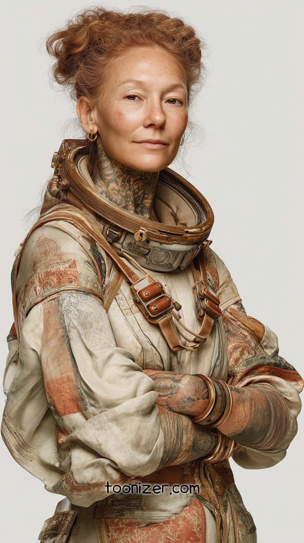 Tattooed woman in vintage astronaut suit.