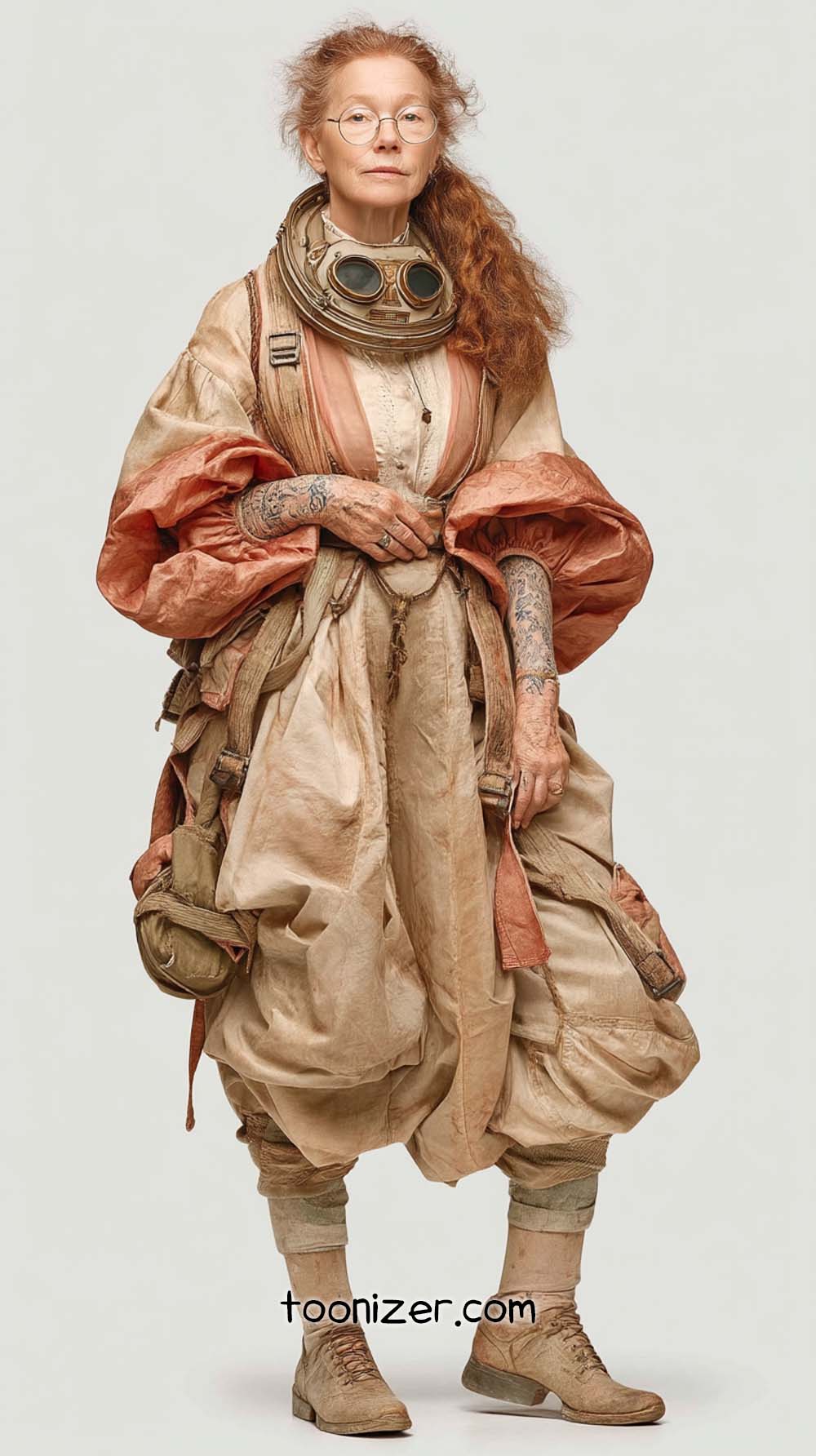 Elderly woman in steampunk attire with goggles.