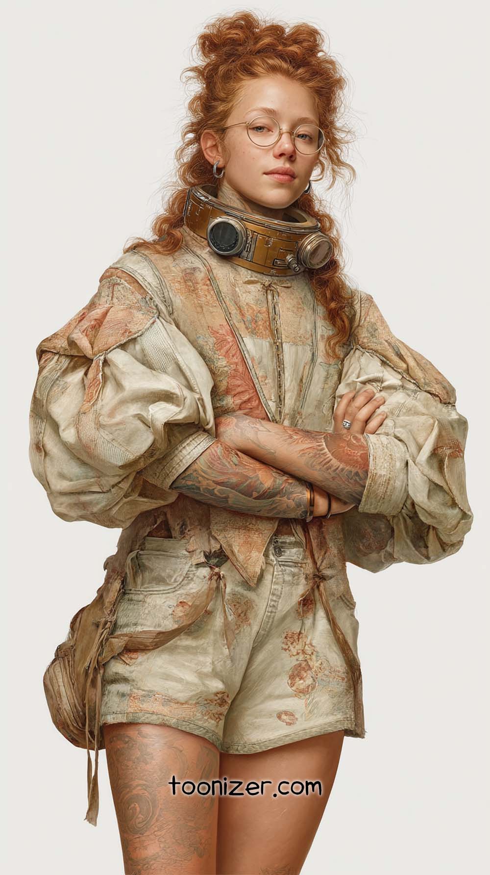 Stylish person in vintage attire, futuristic accessories.