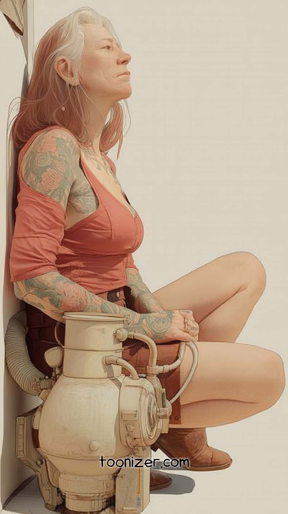 Tattooed woman sitting outside with machine