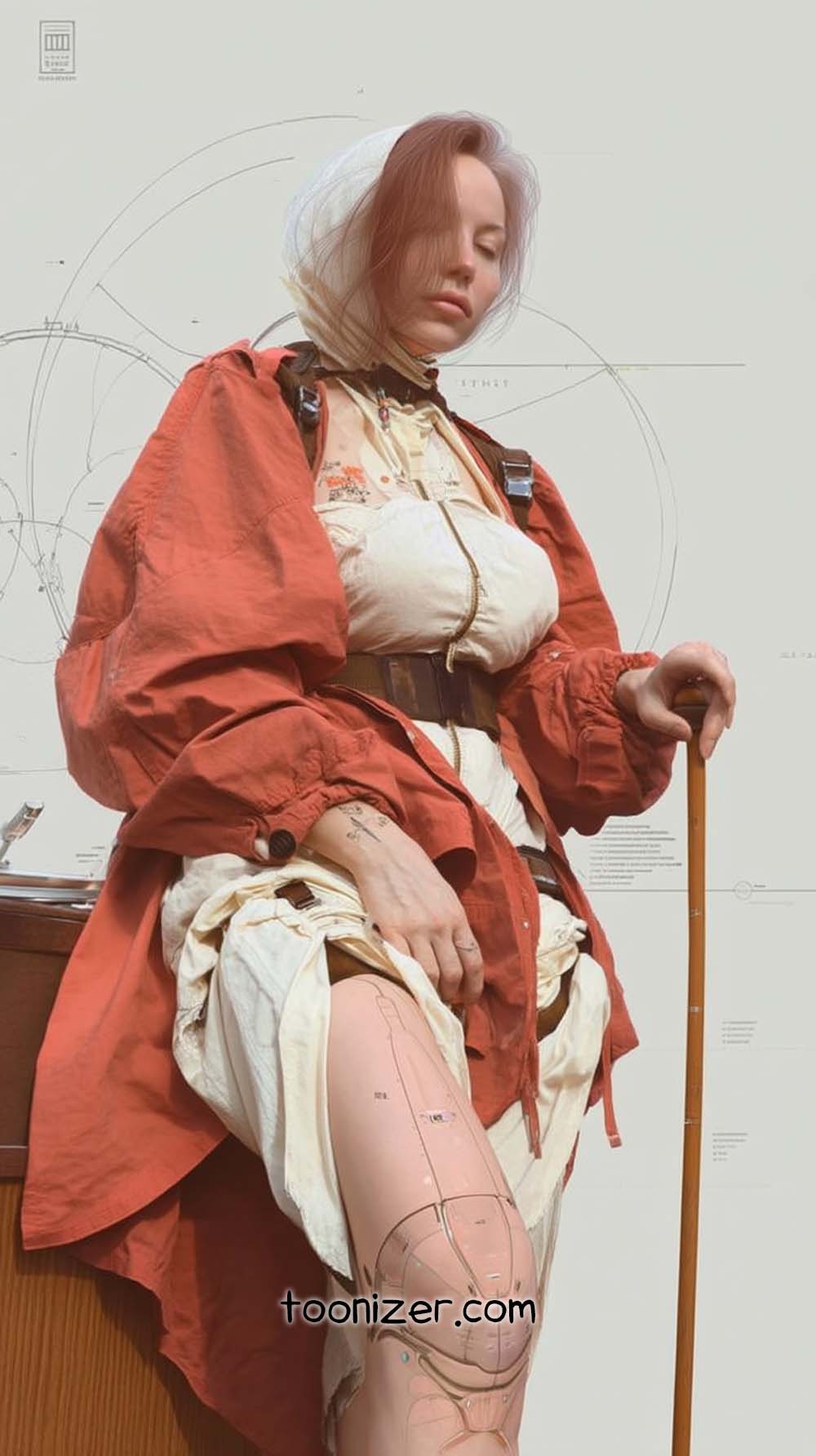 Person in futuristic attire with prosthetic leg.