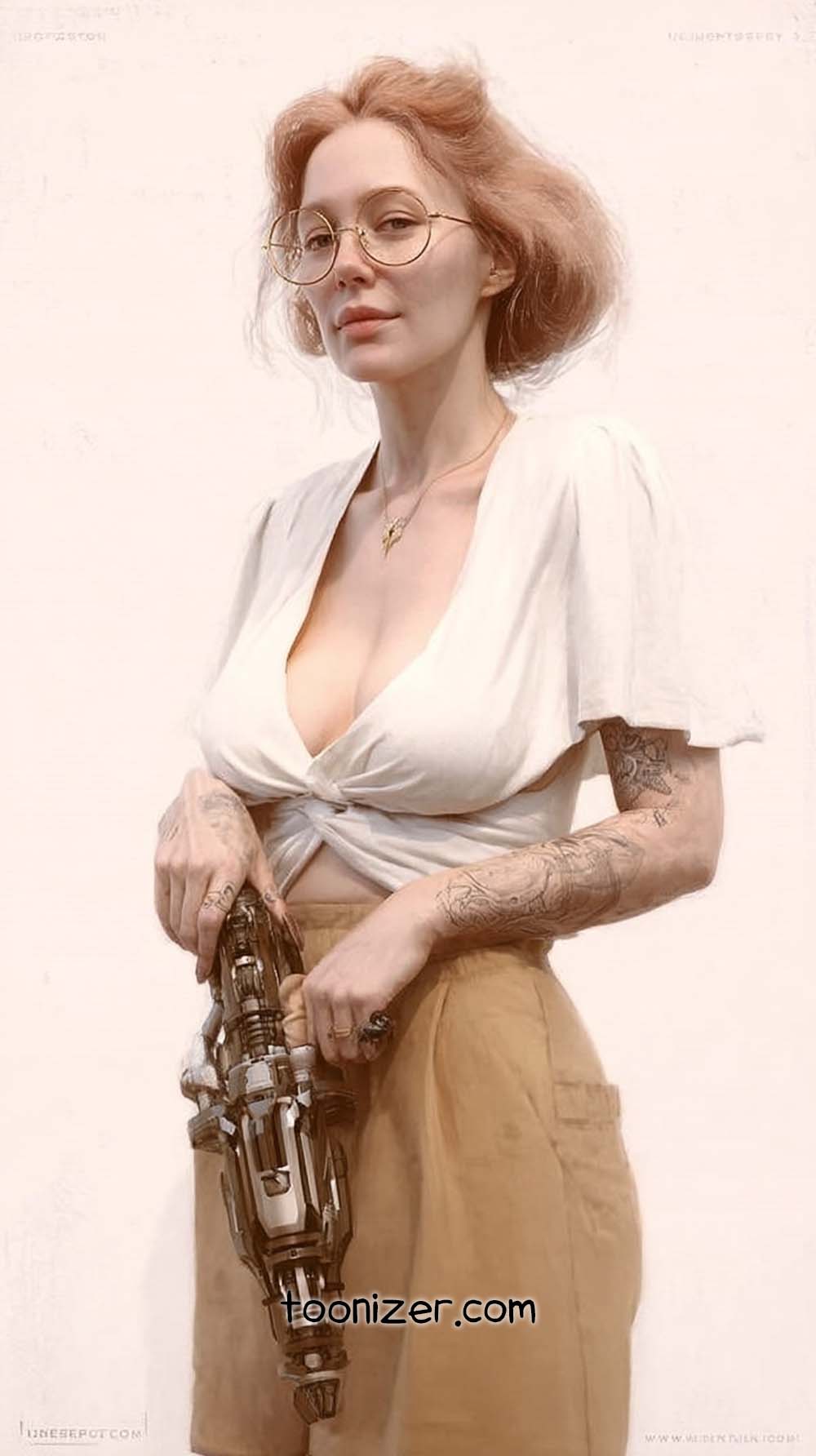 Woman holding futuristic device, white blouse, tattoos visible.