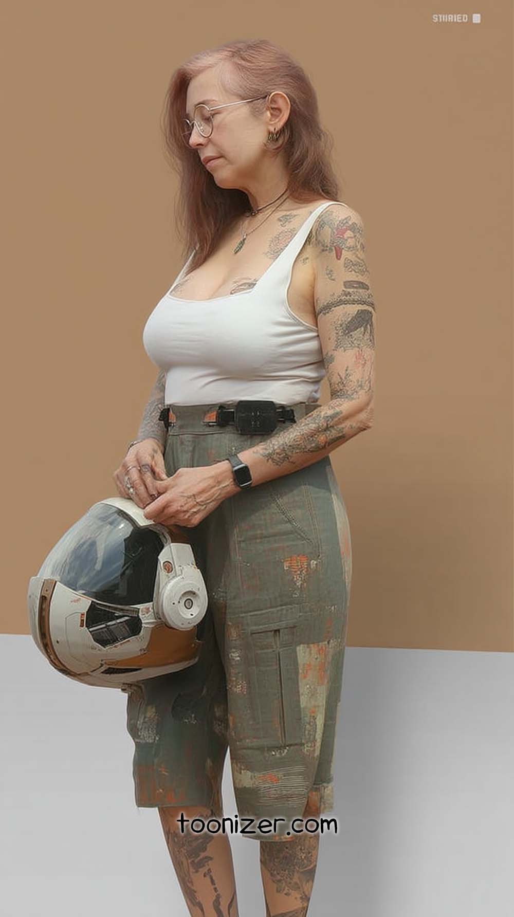 Tattooed woman holding astronaut helmet in profile