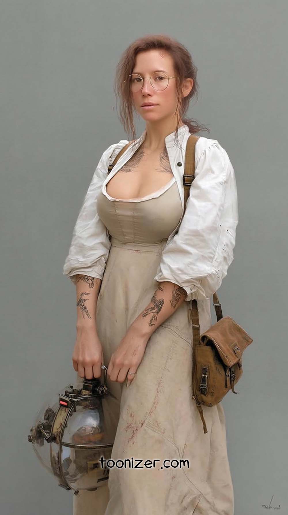 Woman in vintage attire holding a helmet