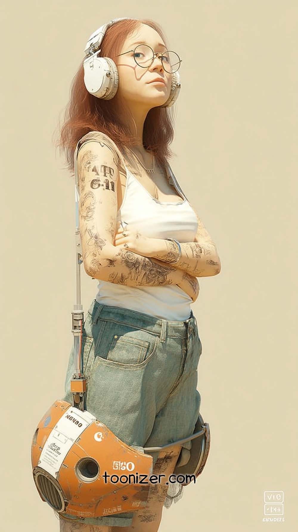 Tattooed woman with headphones and a robotic device