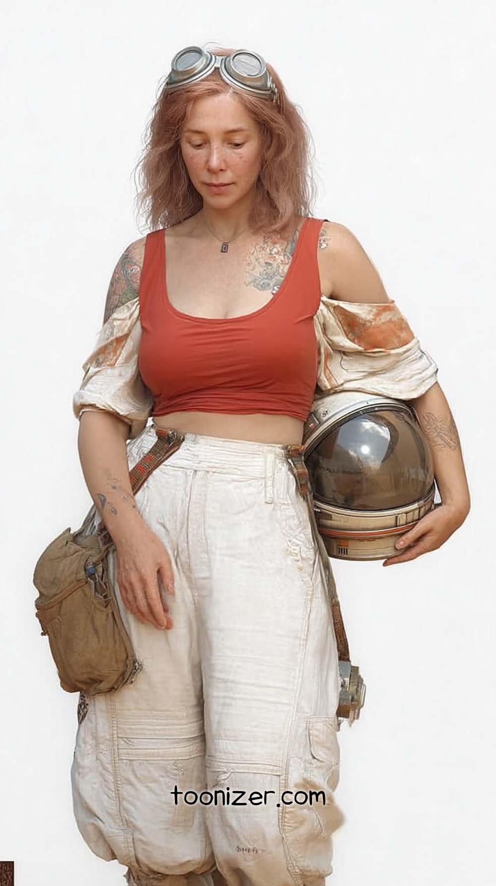Tattooed woman with helmet and goggles.