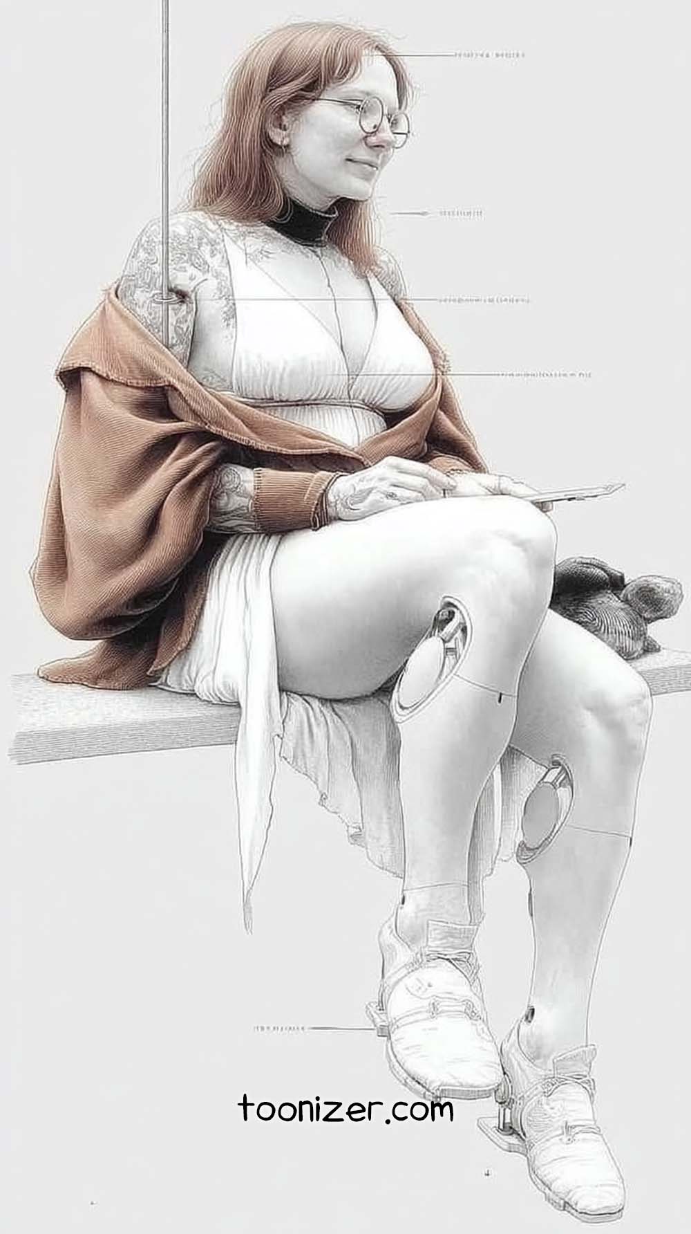 Sketch of woman sitting on a swing with prosthetics.