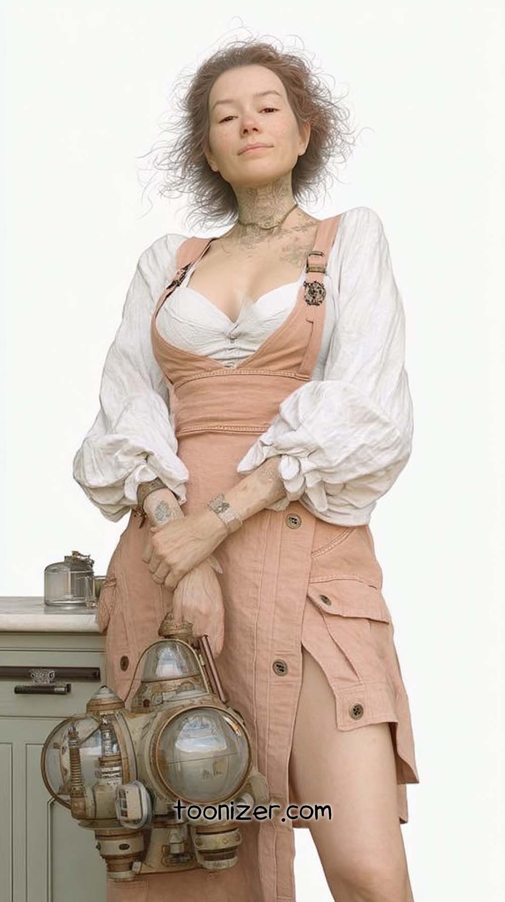 Woman holding vintage camera in pink dress