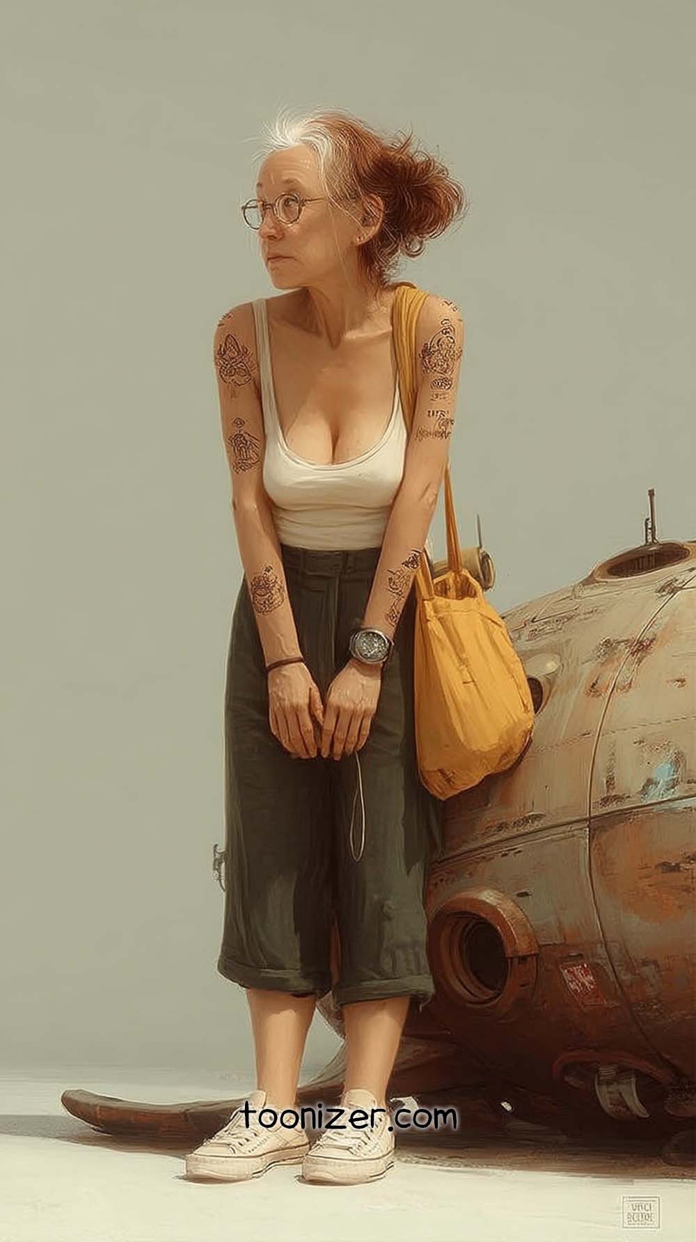 Woman with tattoos beside vintage capsule.
