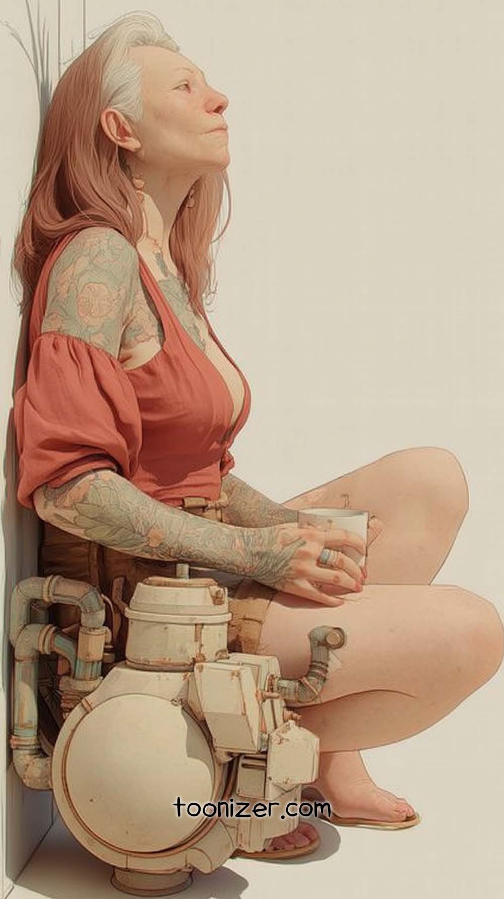 Woman with tattoos sitting holding a cup