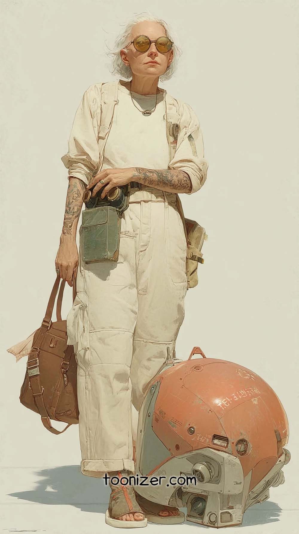 Woman in white jumpsuit with futuristic gear