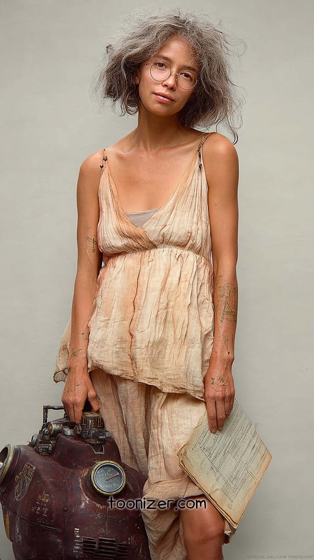 Woman holding steampunk machine and document.
