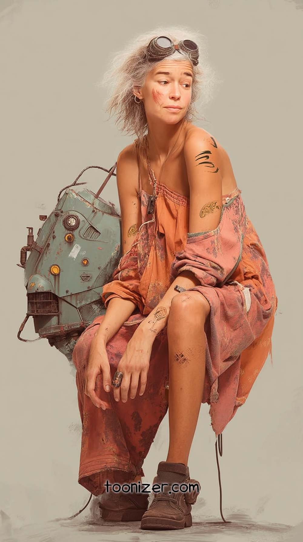 Woman with steampunk goggles, orange dress, mechanical background.