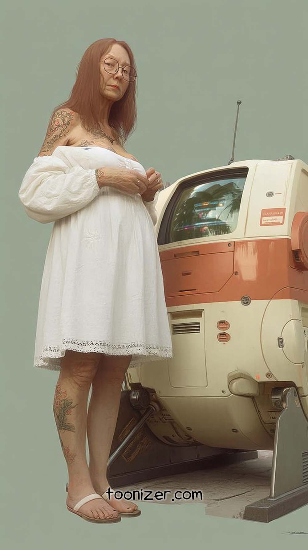 Woman in white dress with sci-fi robot