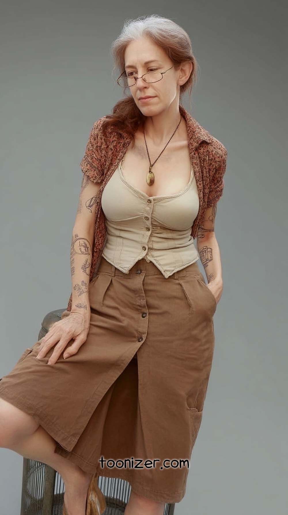 Stylish woman with tattoos wearing glasses and necklace.