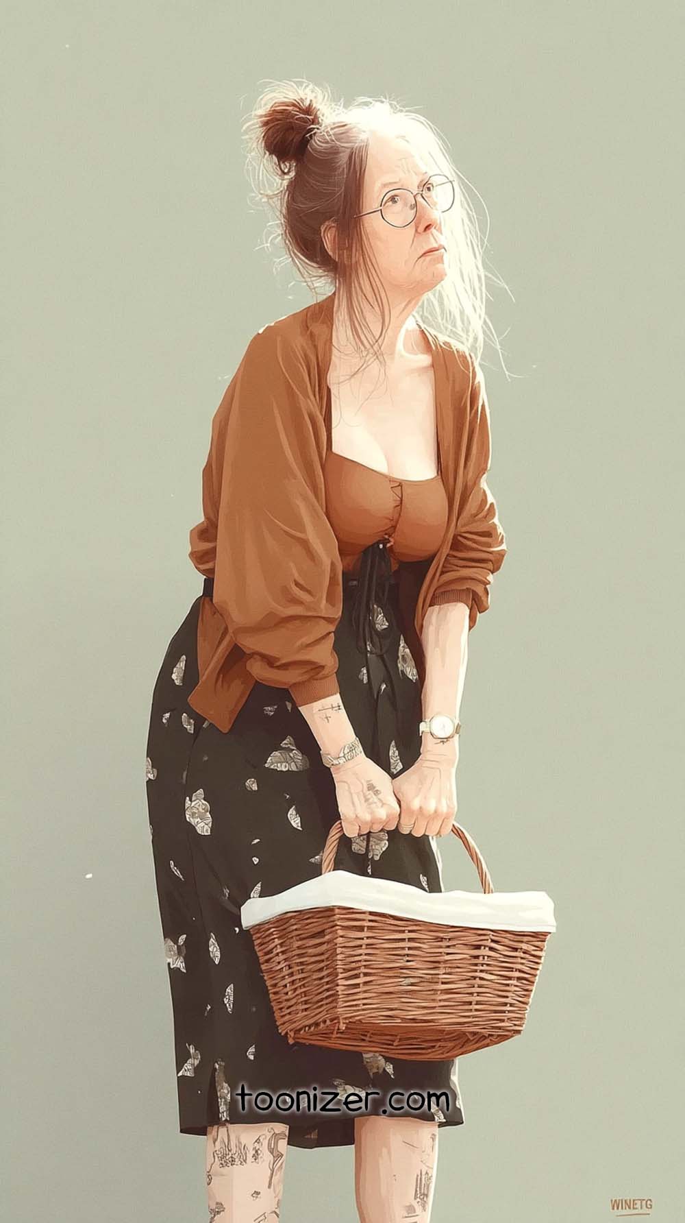 Stylized woman holding wicker basket, wearing glasses.