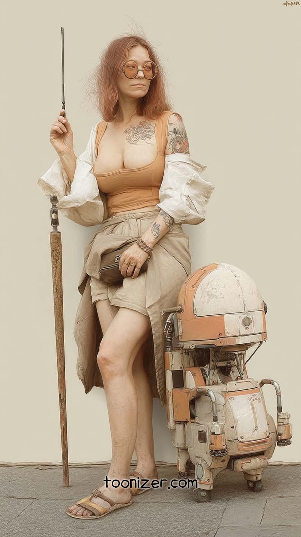 Woman with wand and retro robot assistant.